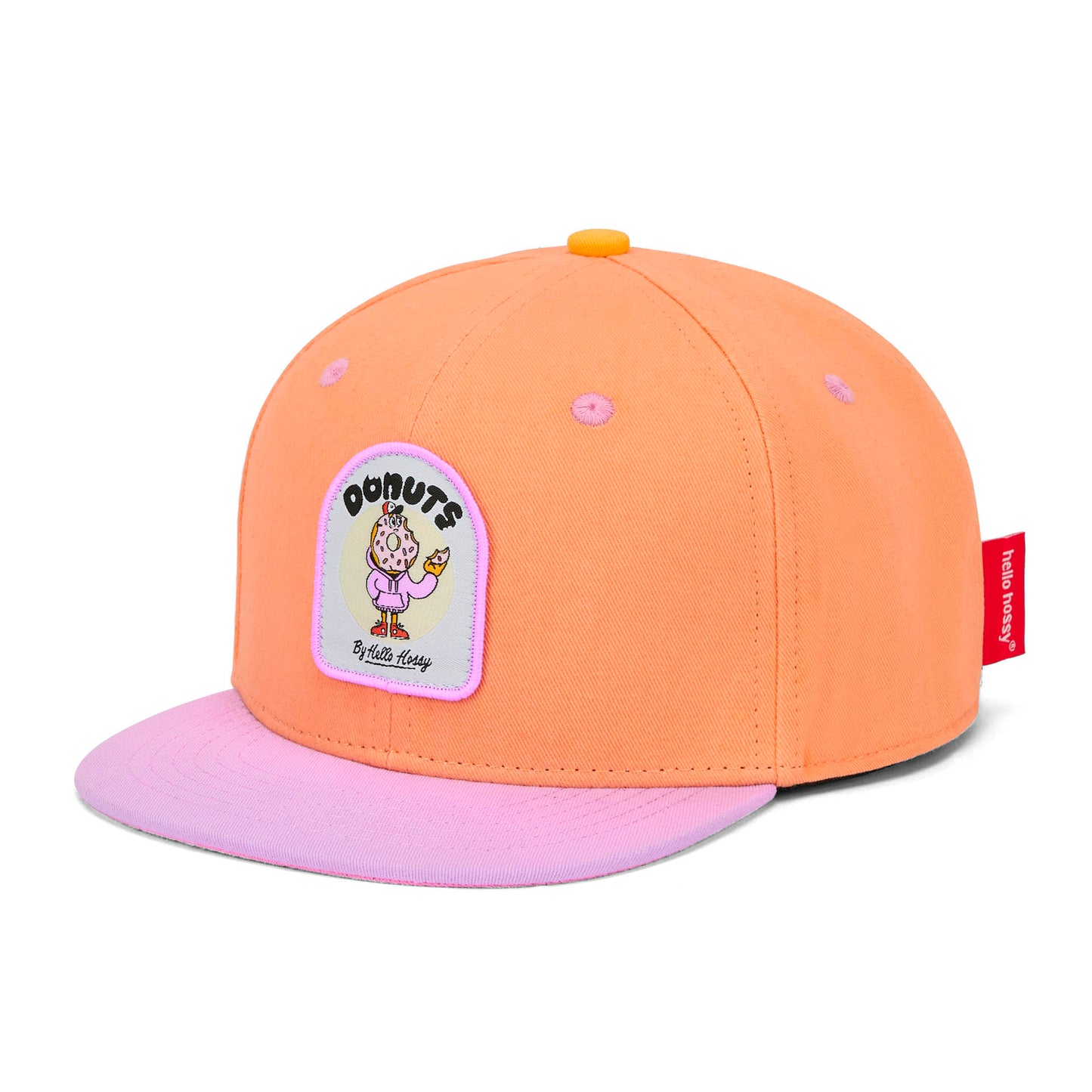 Boné infantil laranja e rosa com patch food e pala reta Hello Hossy