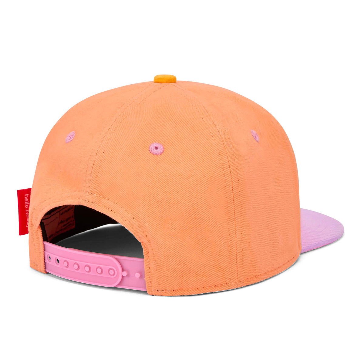 Boné infantil laranja rosa com pala reta, detalhe ajustável Hello Hossy