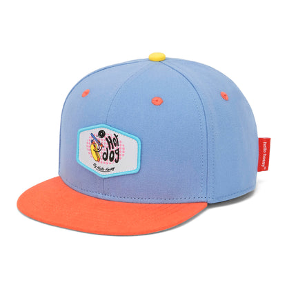 Boné infantil azul e laranja com patch Hot Dog e pala reta Hello Hossy
