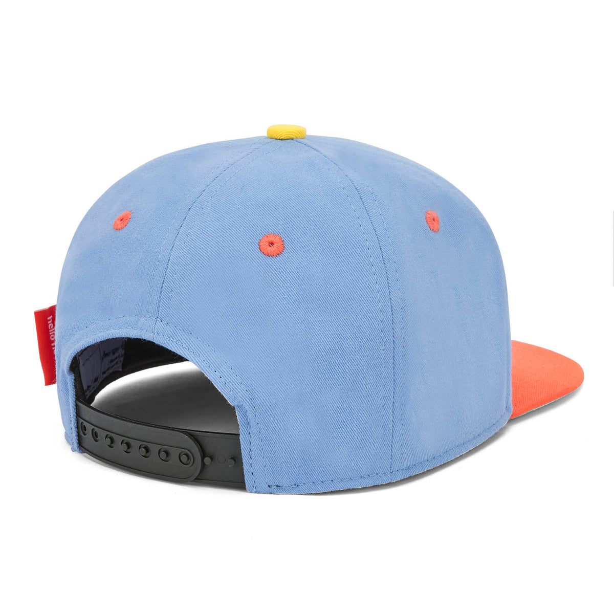 Boné infantil azul e laranja com patch, pala reta e parte traseira ajustável Hello Hossy