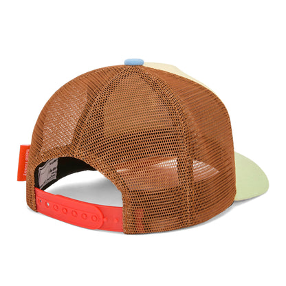 Boné infantil castanho, bege e verde, pala curva, rede ajustável Hello Hossy