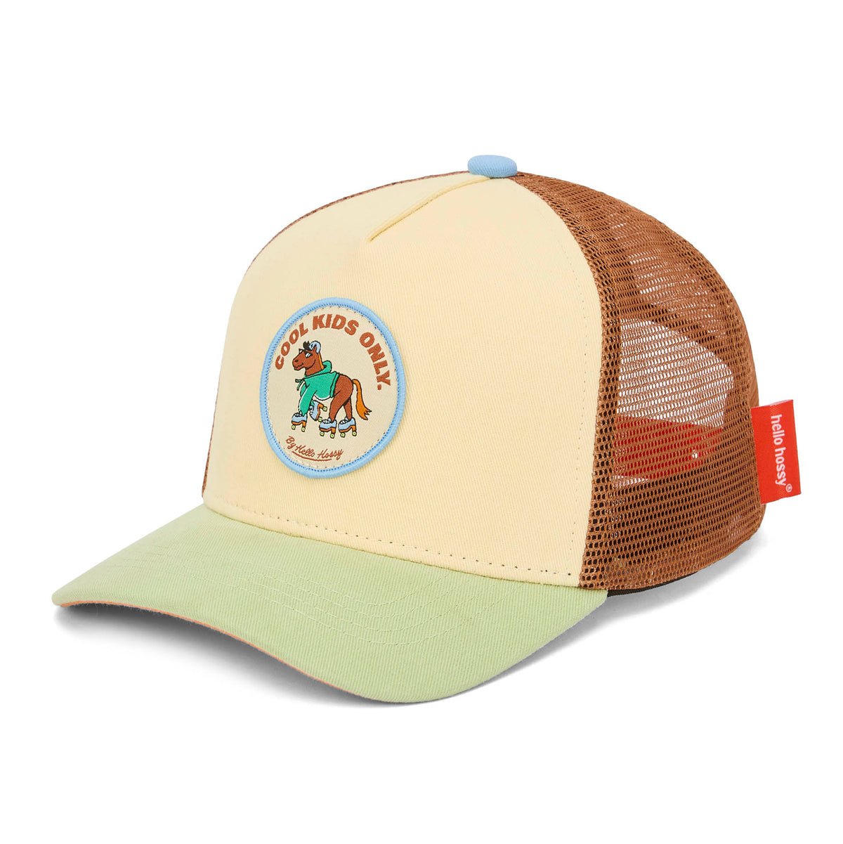 Boné para criança bege, castanho e verde, pala curva, patch de animais Hello Hossy