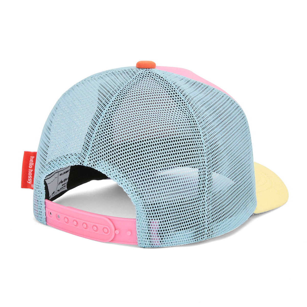 Boné infantil azul, rosa e amarelo, pala curva, rede, Hello Hossy
