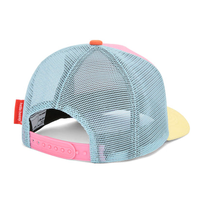 Boné infantil azul, rosa e amarelo, pala curva, rede, Hello Hossy