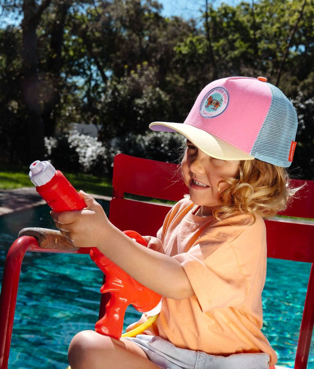 Boné infantil rosa, amarelo e azul, pala curva, patch de animais Hello Hossy