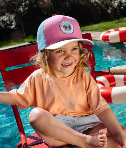 Boné infantil rosa e azul, pala bege, patch de cão Hello Hossy