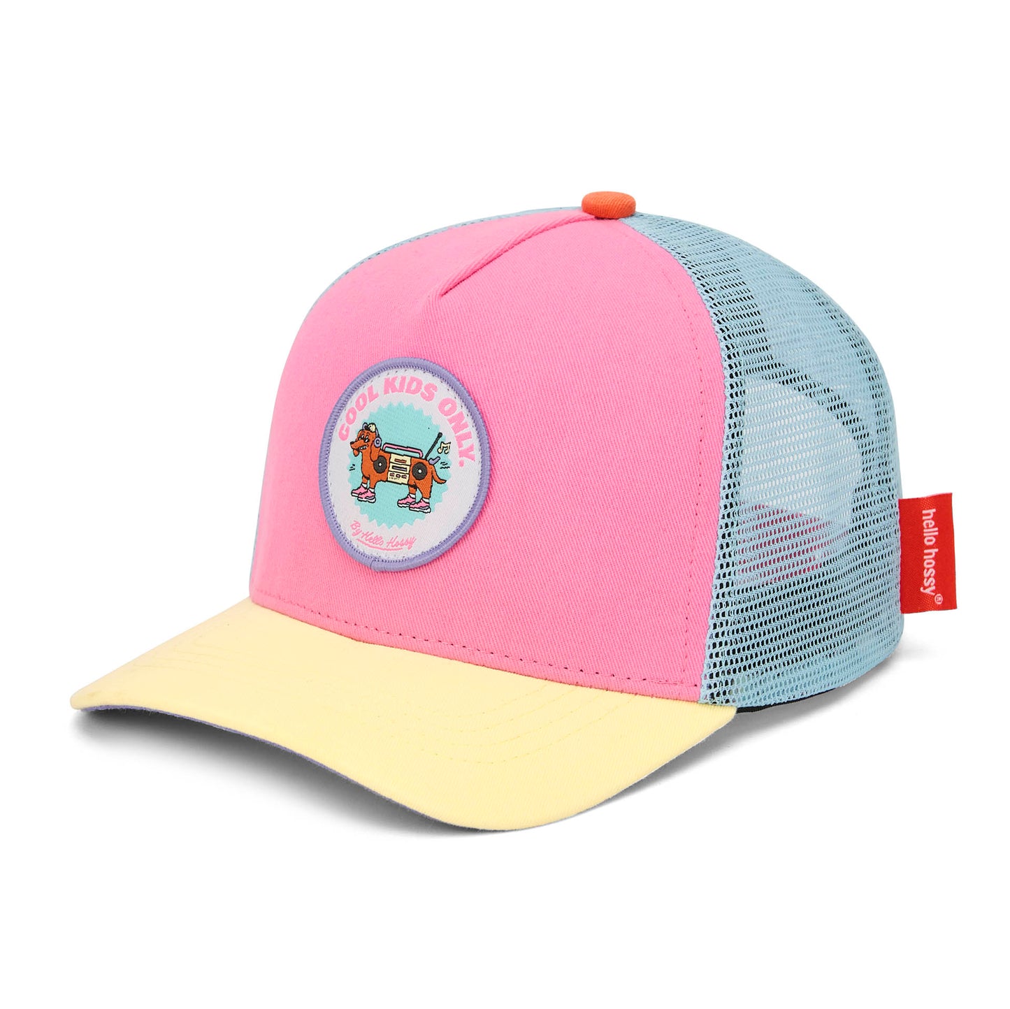 Boné infantil rosa, amarelo e azul, pala curva, patch de animais Hello Hossy