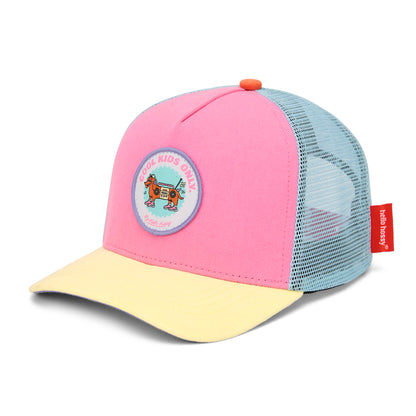 Boné infantil rosa, amarelo e azul, pala curva, patch de animais Hello Hossy