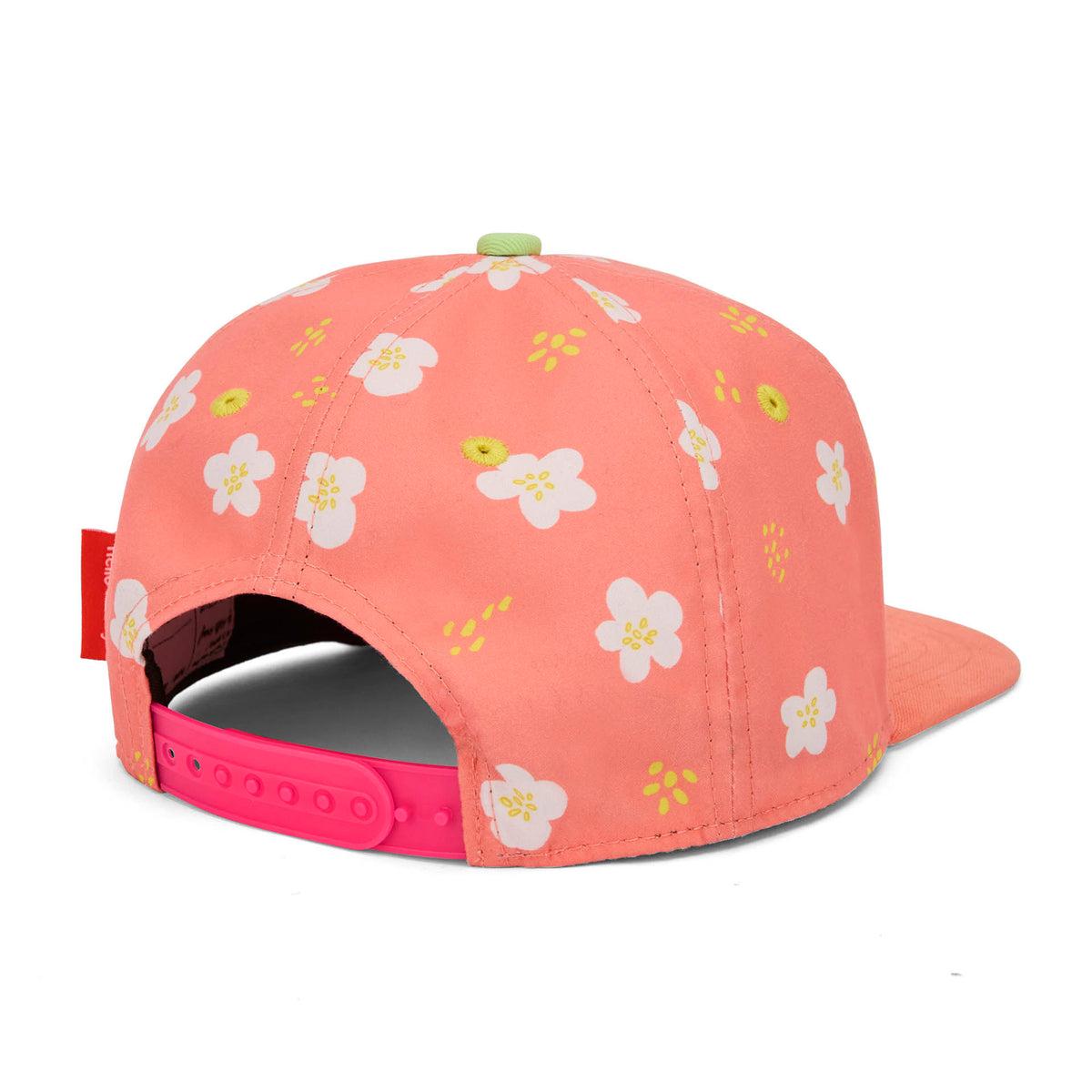 Boné infantil coral com flores, pala reta, detalhe de fecho traseiro Hello Hossy