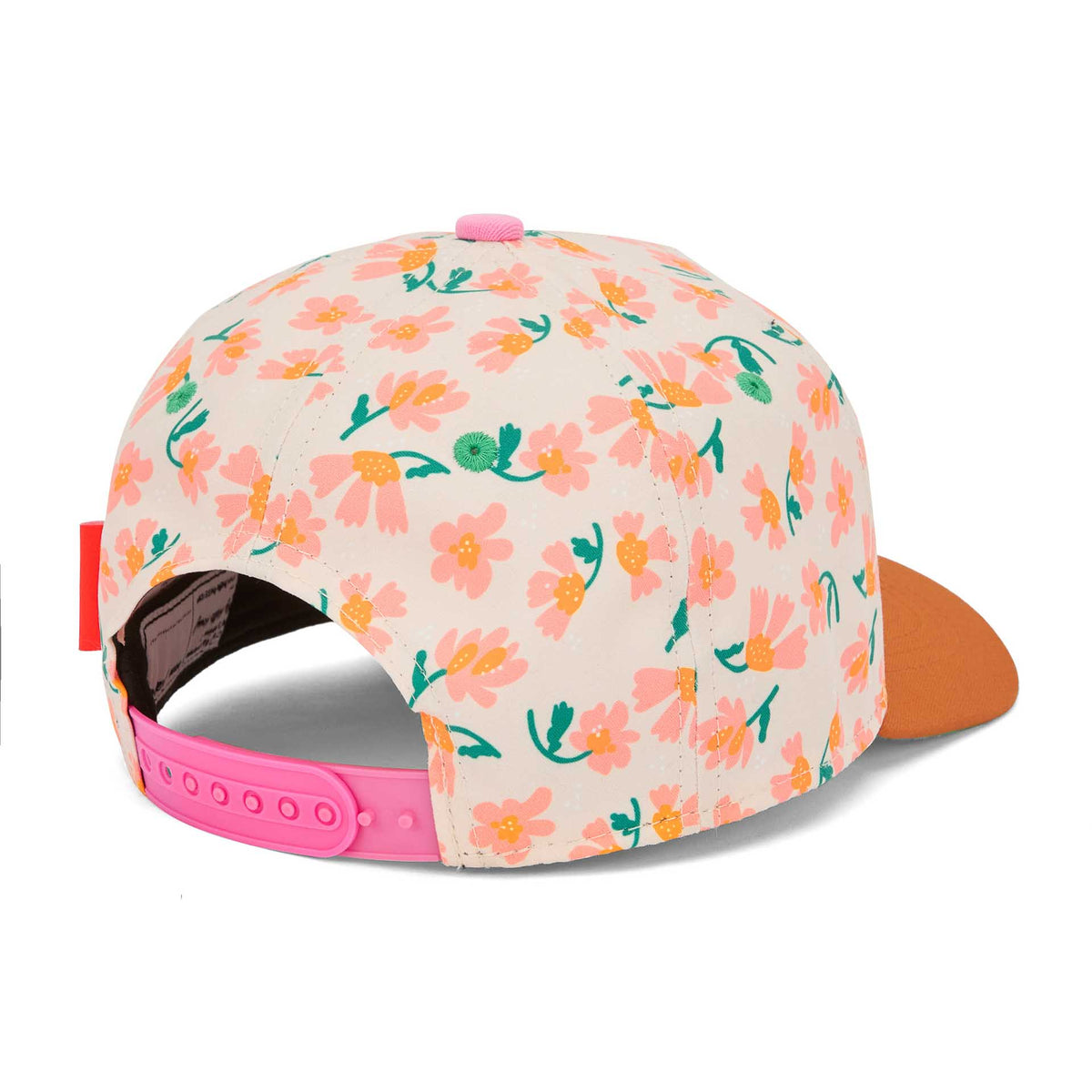 Boné infantil creme com flores coloridas, detalhe de fecho traseiro Hello Hossy