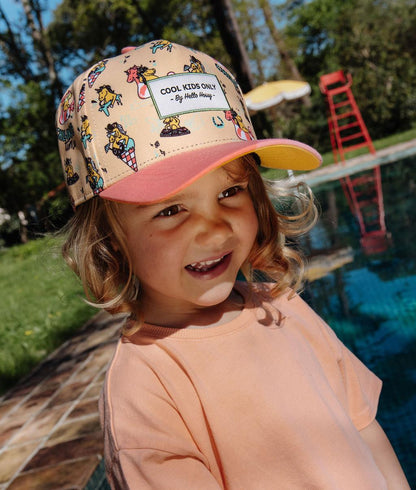 Boné infantil rosa e amarelo com motivo de unicórnio, pala curva Hello Hossy