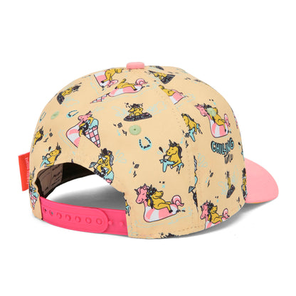 Boné infantil rosa e amarelo com estampado de unicórnio, pala curva ajustável Hello Hossy