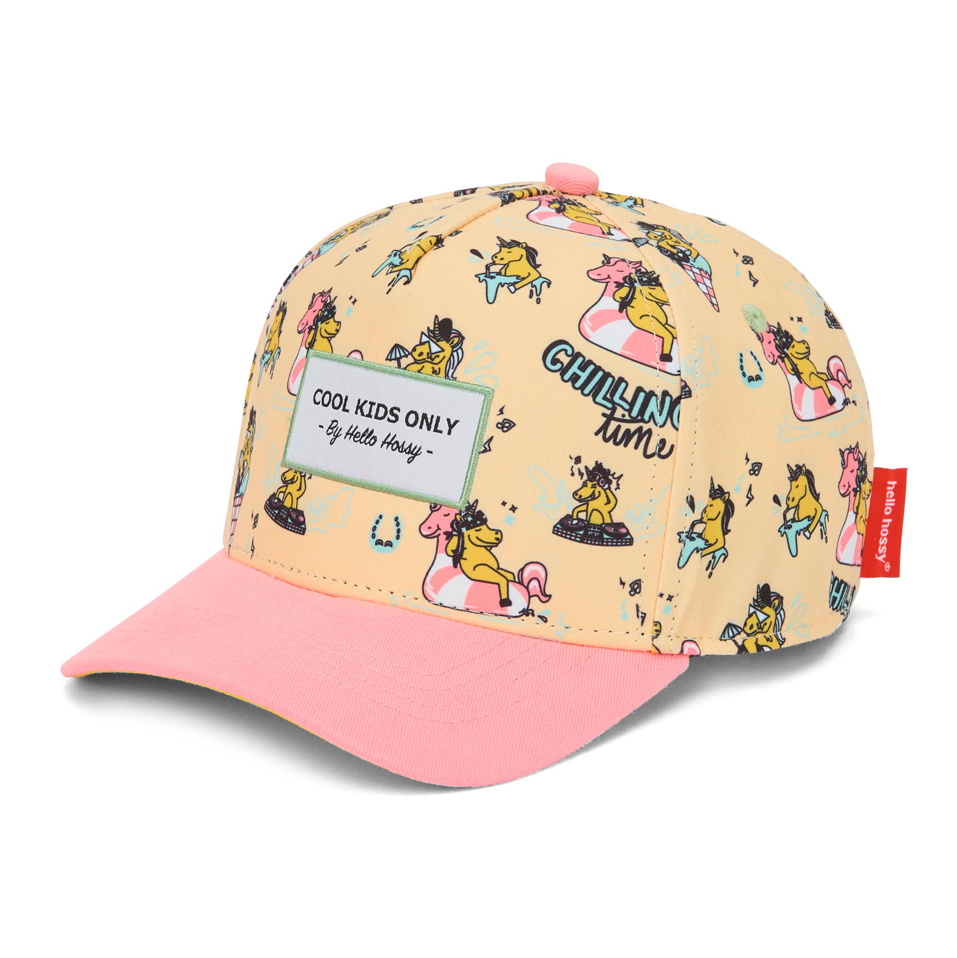Boné infantil rosa e amarelo com estampado de unicórnios, pala curva e patch Hello Hossy