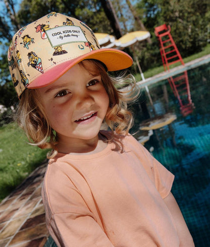 Boné para criança rosa e amarelo, estampado de unicórnios, pala curva, Hello Hossy