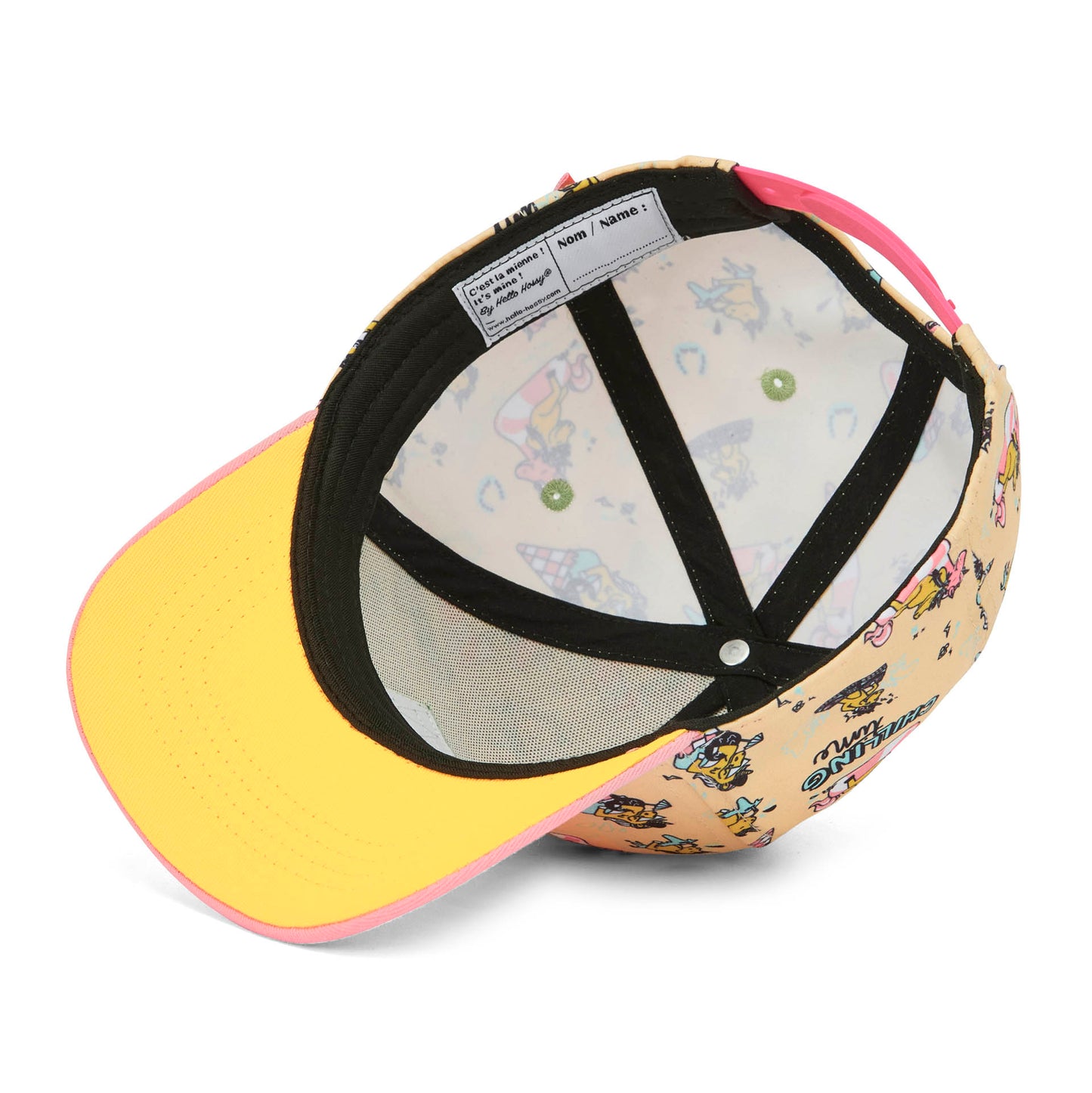 Boné infantil rosa e amarelo com estampado de unicórnio, pala curva ajustável Hello Hossy