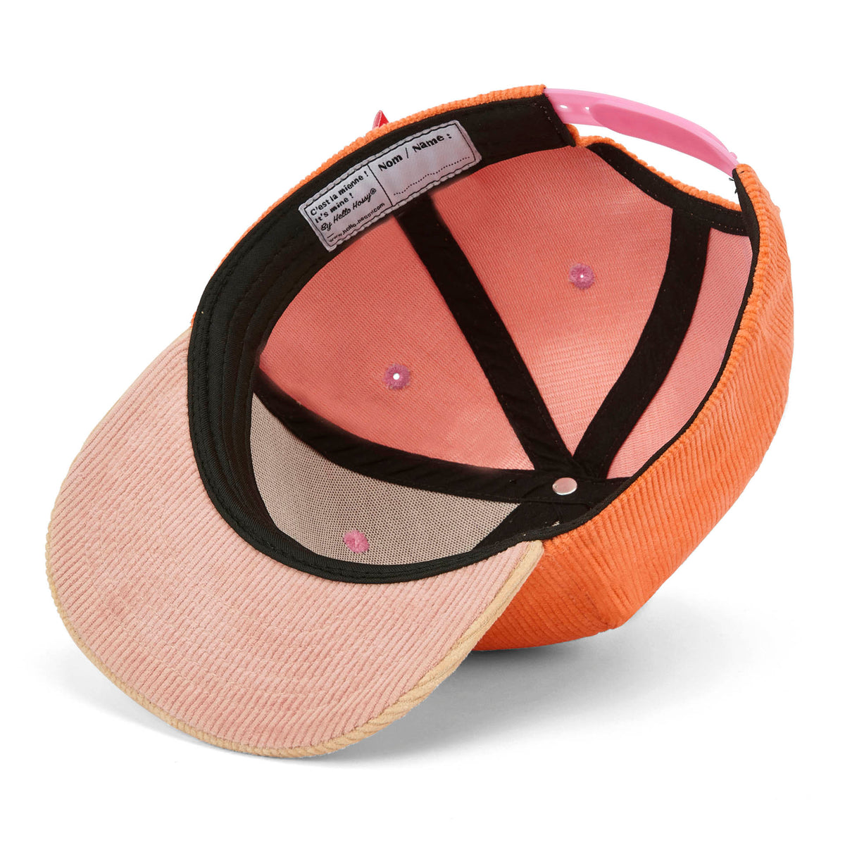 Boné de veludo laranja Sweet Mandarine para criança – detalhe da pala
