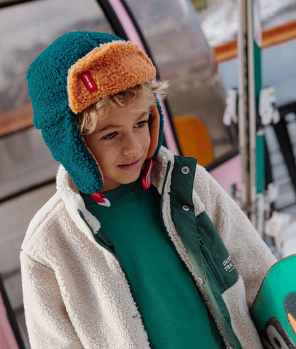 Gorro russo infantil bicolor azul e Camel, efeito sherpa Hello Hossy