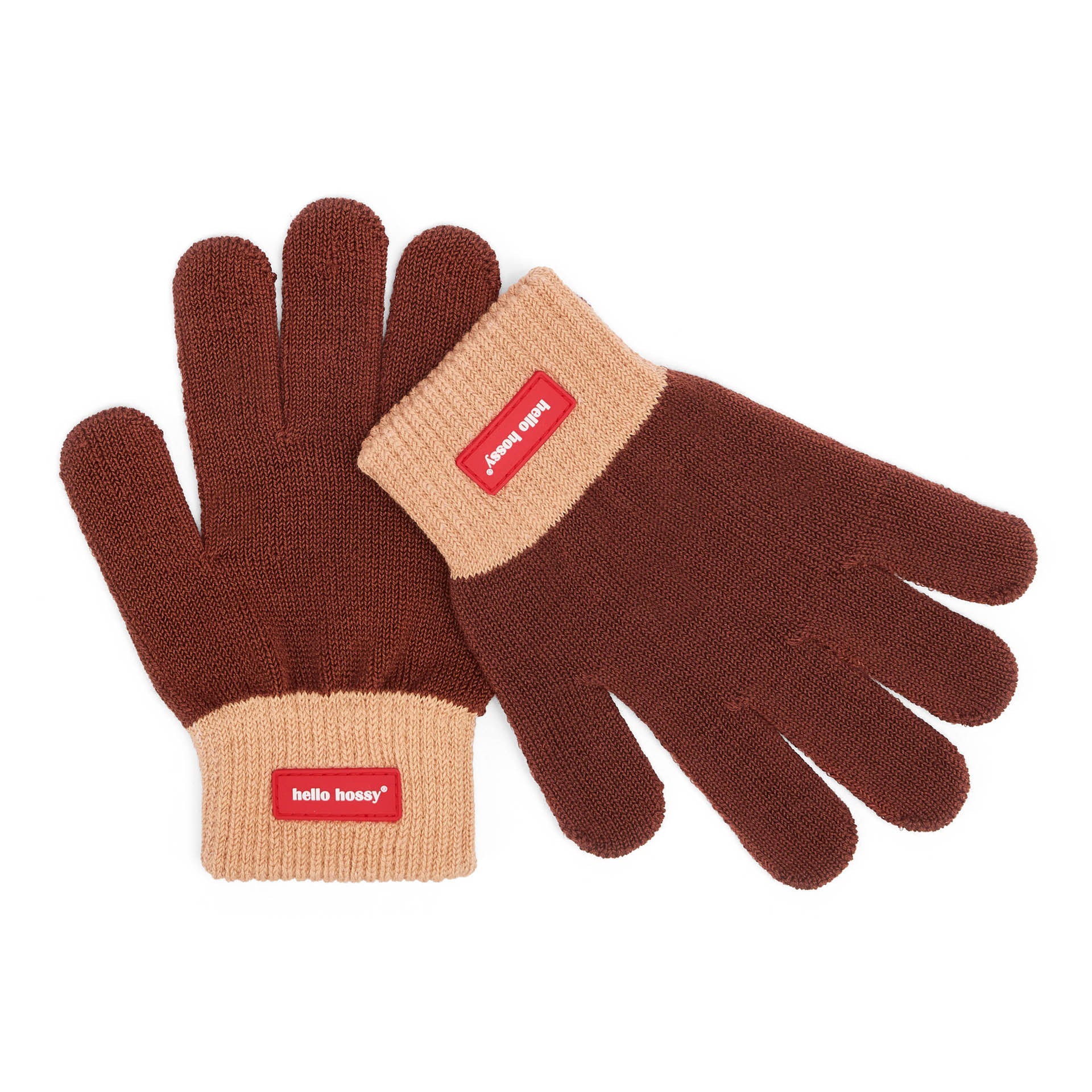 Luvas infantis castanhas com rebordo bege, malha fina e etiqueta Hello Hossy