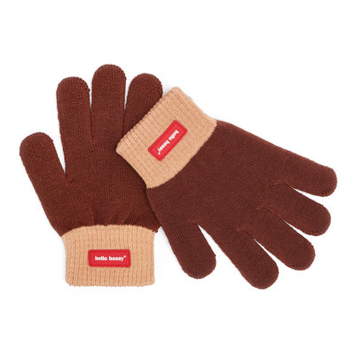Luvas infantis castanhas com rebordo bege, malha fina e etiqueta Hello Hossy