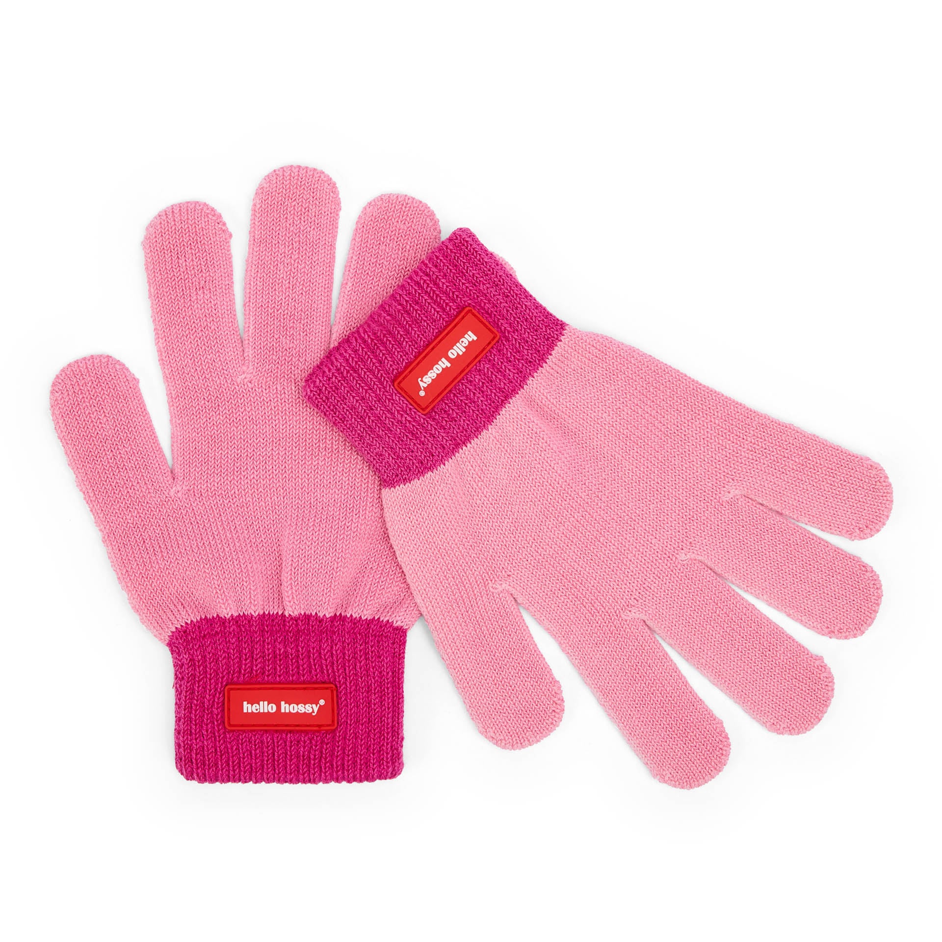 Luvas infantis rosa fuchsia com rebordo canelado e etiqueta Hello Hossy