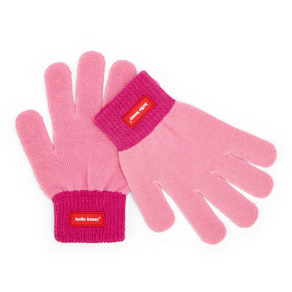 Luvas infantis rosa fuchsia com rebordo canelado e etiqueta Hello Hossy