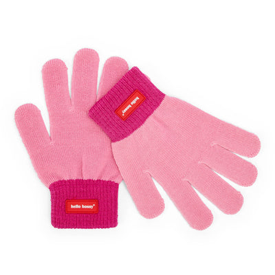 Luvas infantis rosa fuchsia com rebordo canelado e etiqueta Hello Hossy