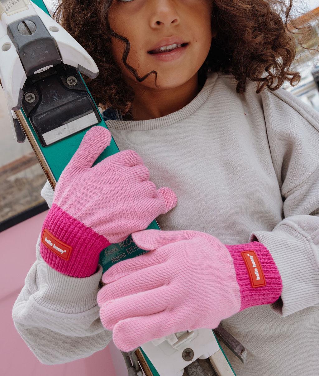 Luvas infantis rosa fuchsia com etiqueta contrastante Hello Hossy