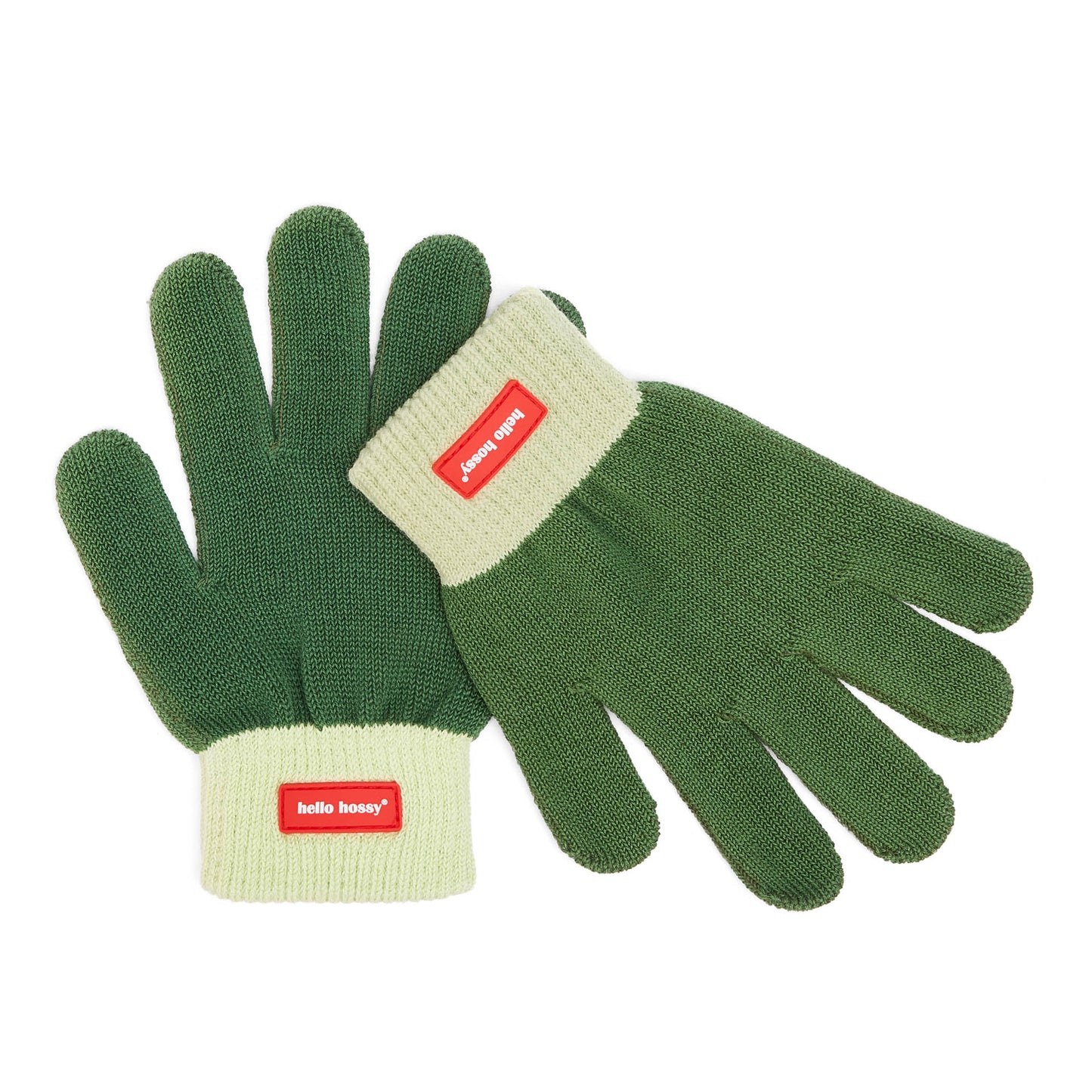 Luvas infantis verdes com punhos creme, etiqueta vermelha Hello Hossy