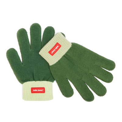 Luvas infantis verdes com punhos creme, etiqueta vermelha Hello Hossy