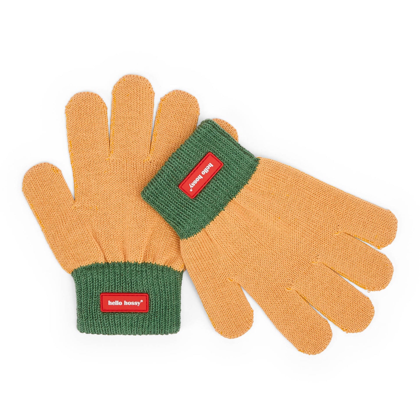 Luvas infantis Camel, punho verde, etiqueta Hello Hossy