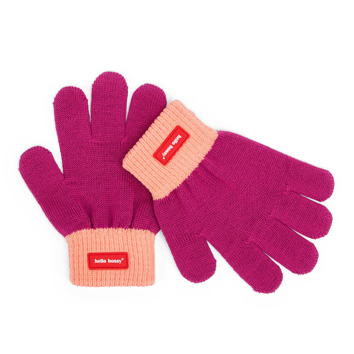 Luvas infantis violeta com rebordo laranja e etiqueta Hello Hossy Hello Hossy