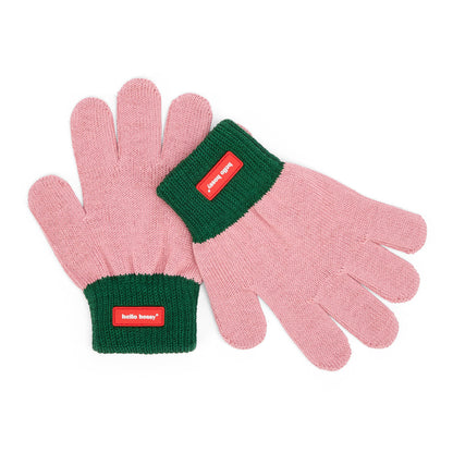 Luvas de criança bicolor rosa e verde com etiqueta vermelha Hello Hossy