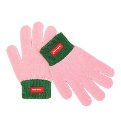 Luvas infantis rosa com rebordo verde e etiqueta vermelha Hello Hossy
