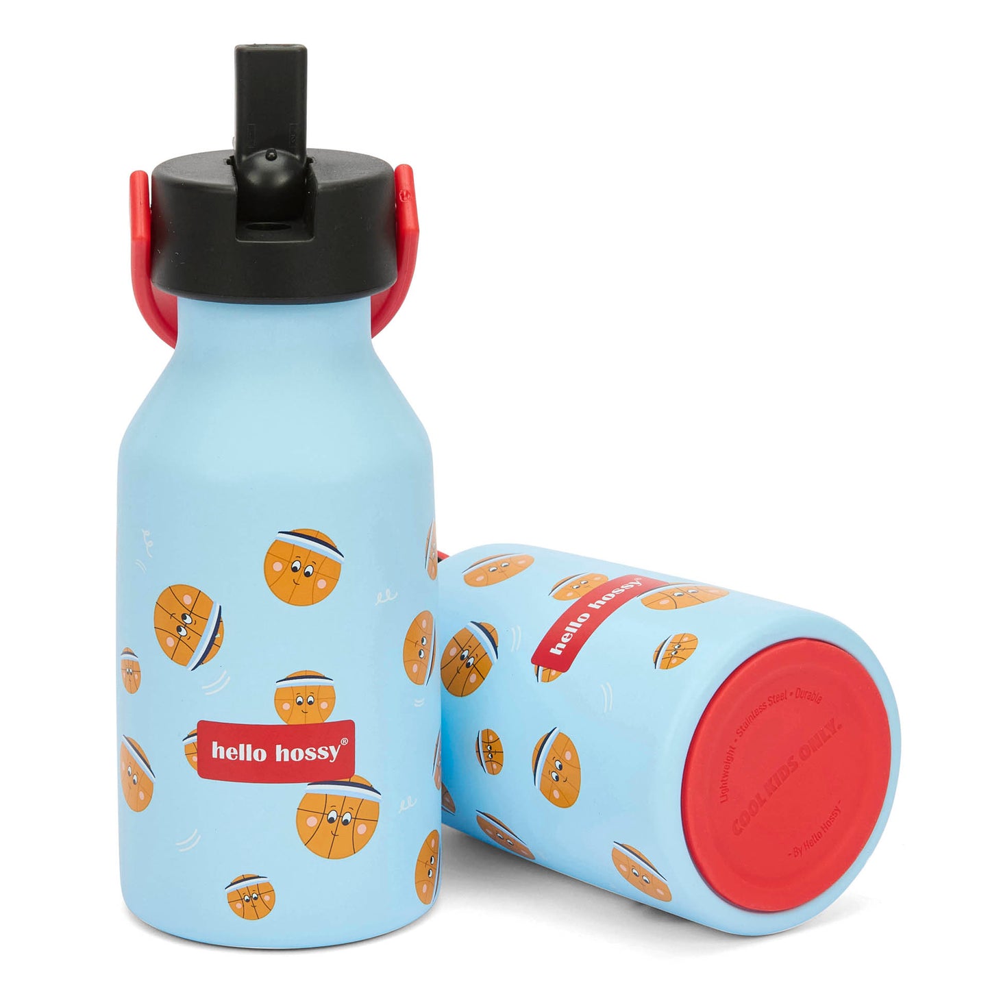 Garrafa reutilizável infantil azul com motivo de desporto, pega laranja e tampa preta Hello Hossy