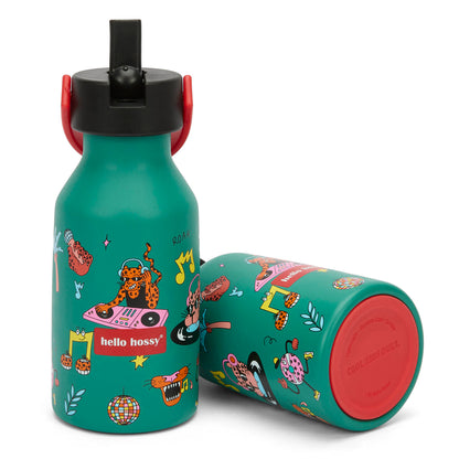 Garrafa reutilizável infantil verde com estampado de música e animais, tampa preta Hello Hossy