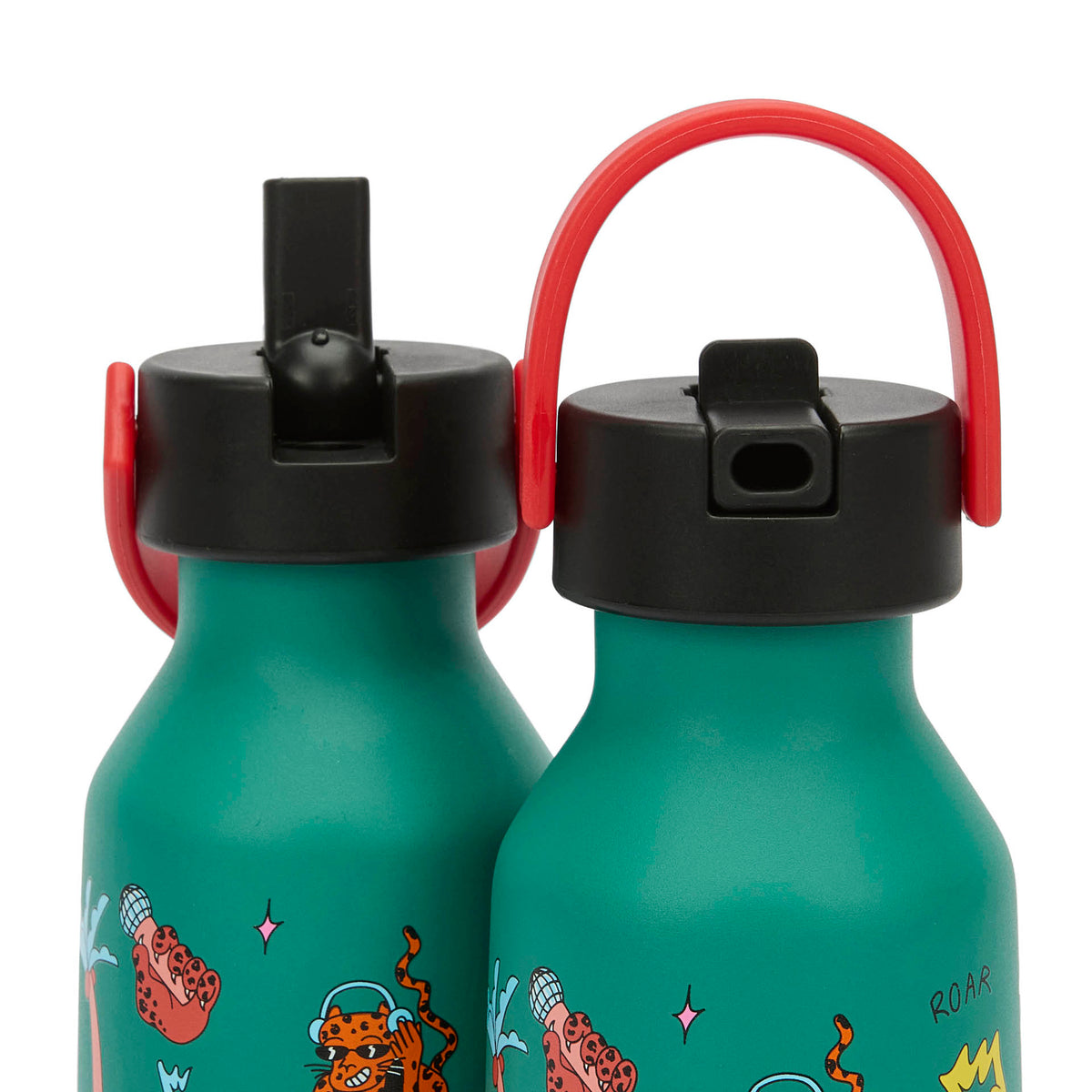 Garrafa reutilizável infantil verde com padrão de música e animais, pega vermelha Hello Hossy
