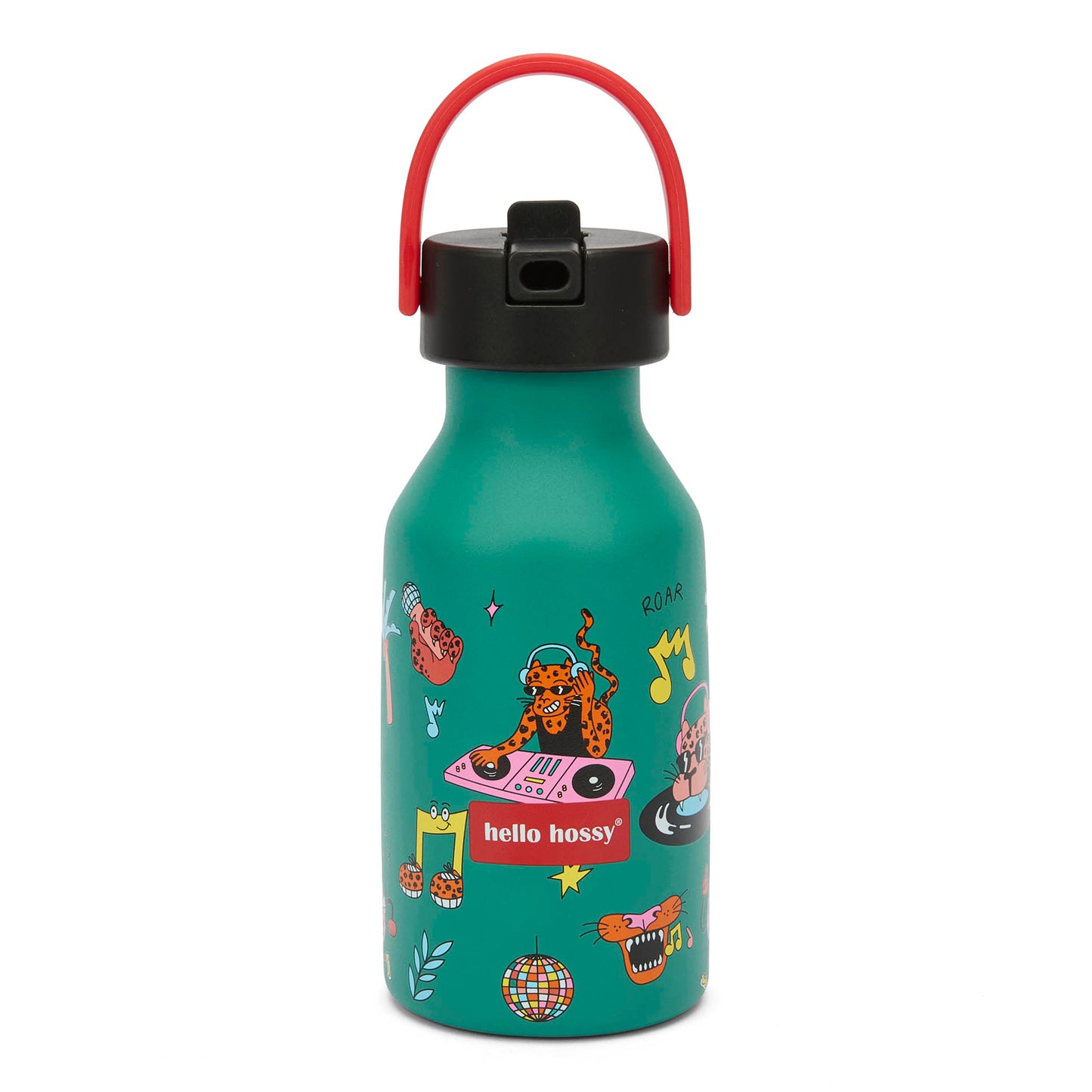 Garrafa reutilizável infantil verde com estampado de música e animais, pega vermelha Hello Hossy