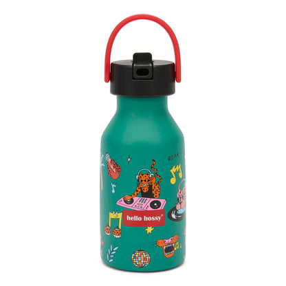 Garrafa reutilizável infantil verde com estampado de música e animais, pega vermelha Hello Hossy