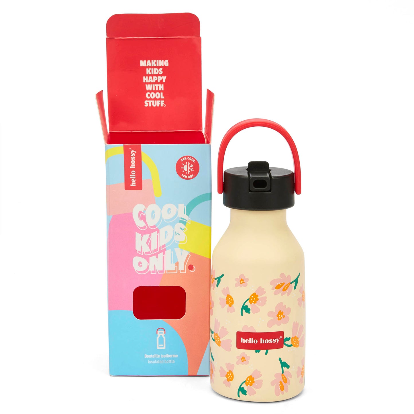 Garrafa reutilizável infantil rosa e laranja com padrão de flores e pega vermelha Hello Hossy