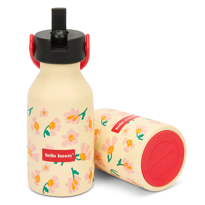 Garrafa reutilizável infantil com estampado de flores rosa e laranja e tampa preta Hello Hossy