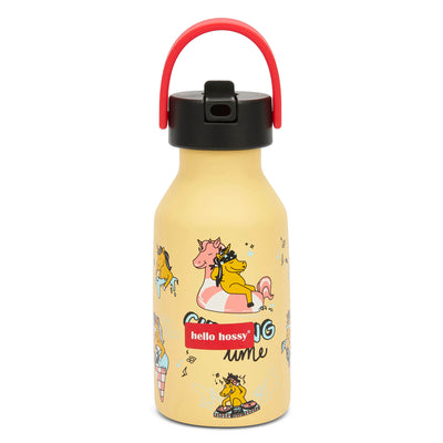 Garrafa reutilizável infantil amarela com padrão de unicórnio, pega vermelha Hello Hossy