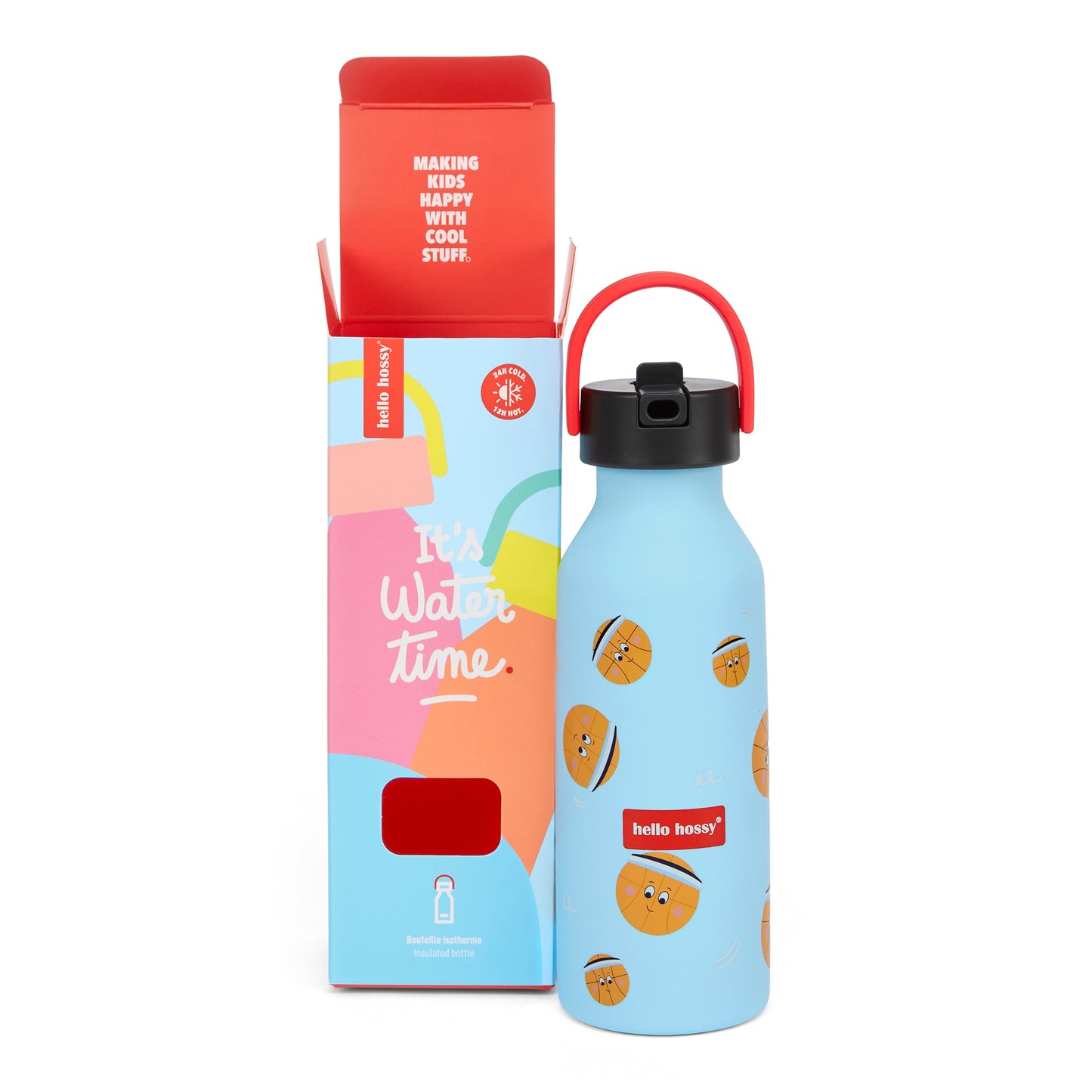 Garrafa reutilizável infantil azul com padrão desportivo, pega vermelha, Hello Hossy