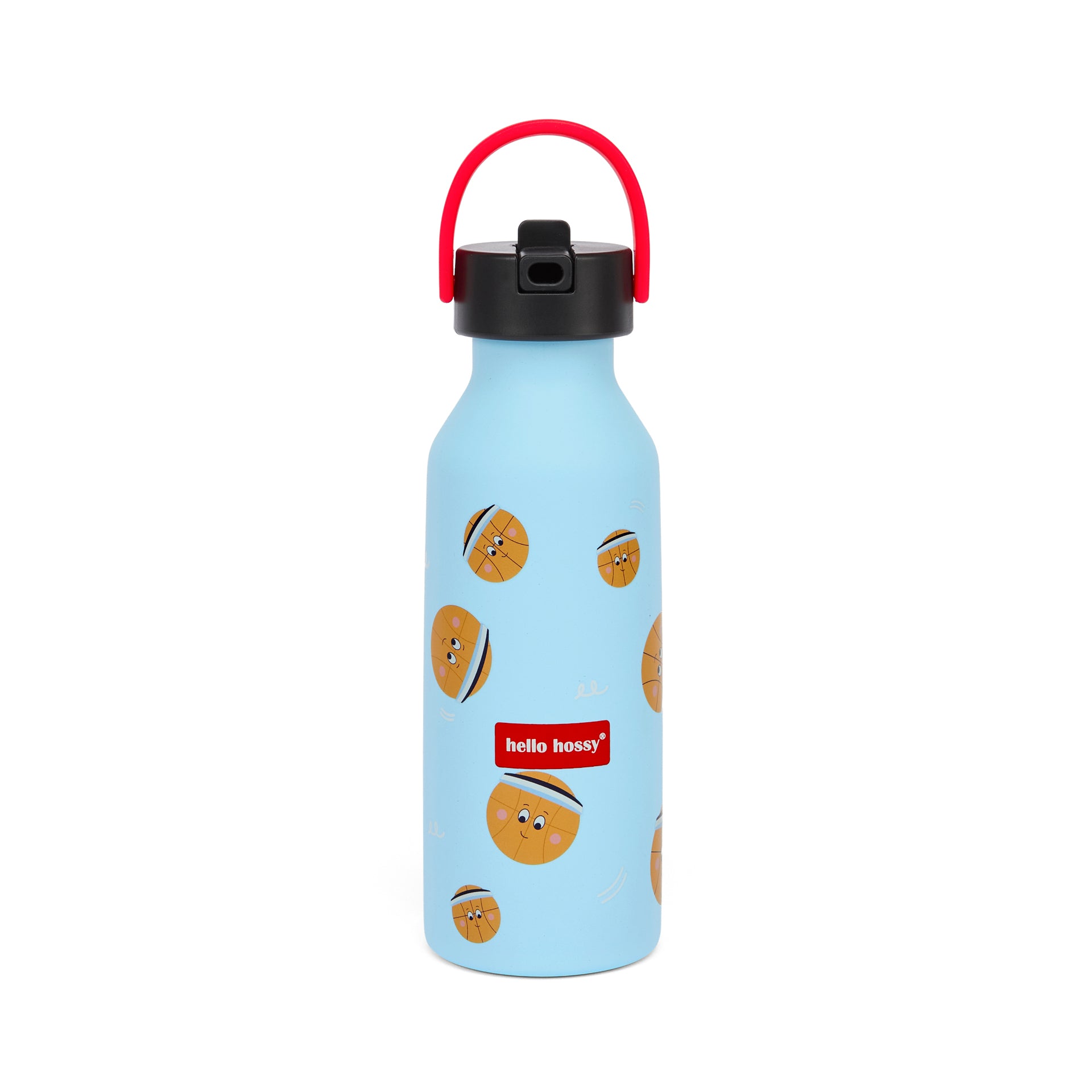 Garrafa reutilizável infantil azul com padrão desportivo, pega vermelha, Hello Hossy