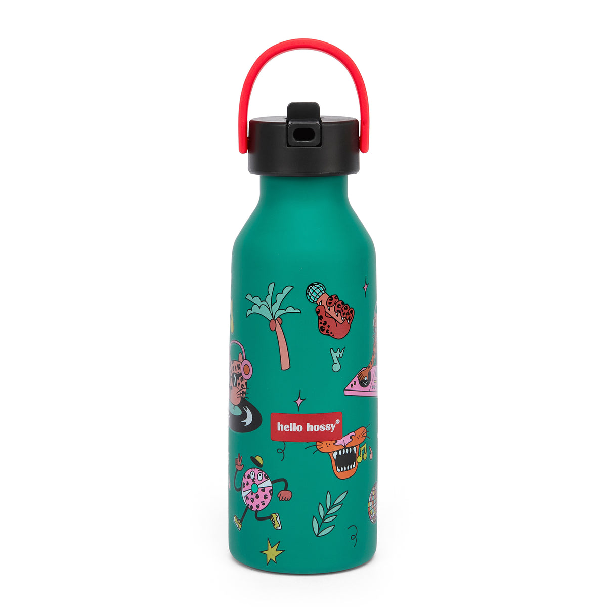 Garrafa reutilizável infantil verde com estampado de música e animais, pega vermelha Hello Hossy