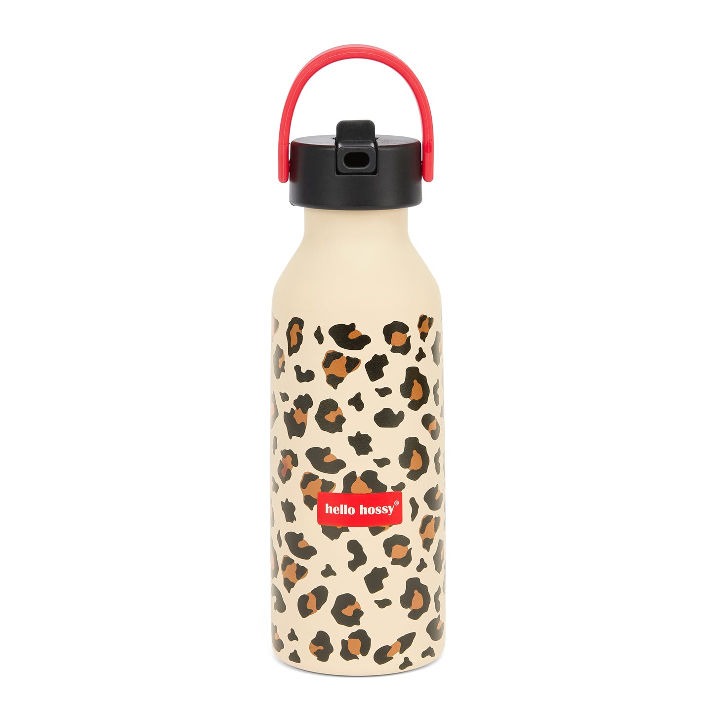 Garrafa reutilizável infantil bege com estampado leopard e pega vermelha Hello Hossy