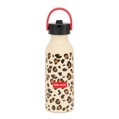 Garrafa reutilizável infantil bege com estampado leopard e pega vermelha Hello Hossy