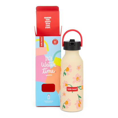 Garrafa reutilizável infantil rosa e laranja com estampado de flores, pega vermelha Hello Hossy