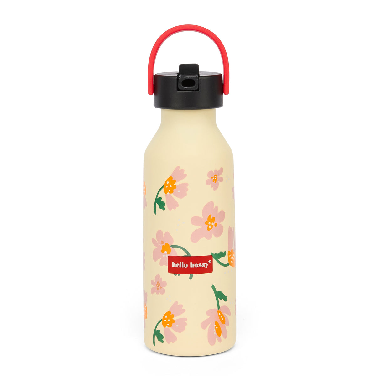 Garrafa reutilizável infantil rosa com padrão de flores e pega vermelha Hello Hossy