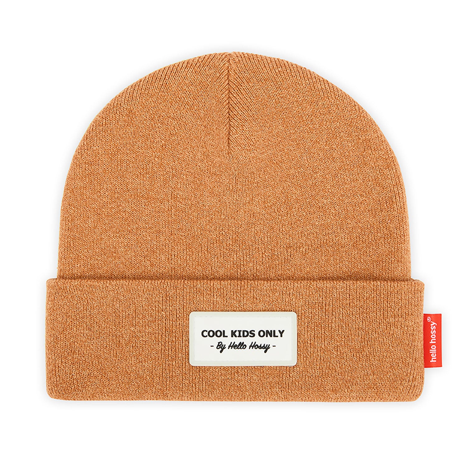 Gorro infantil castanho chiné com bordado e texto creme Hello Hossy