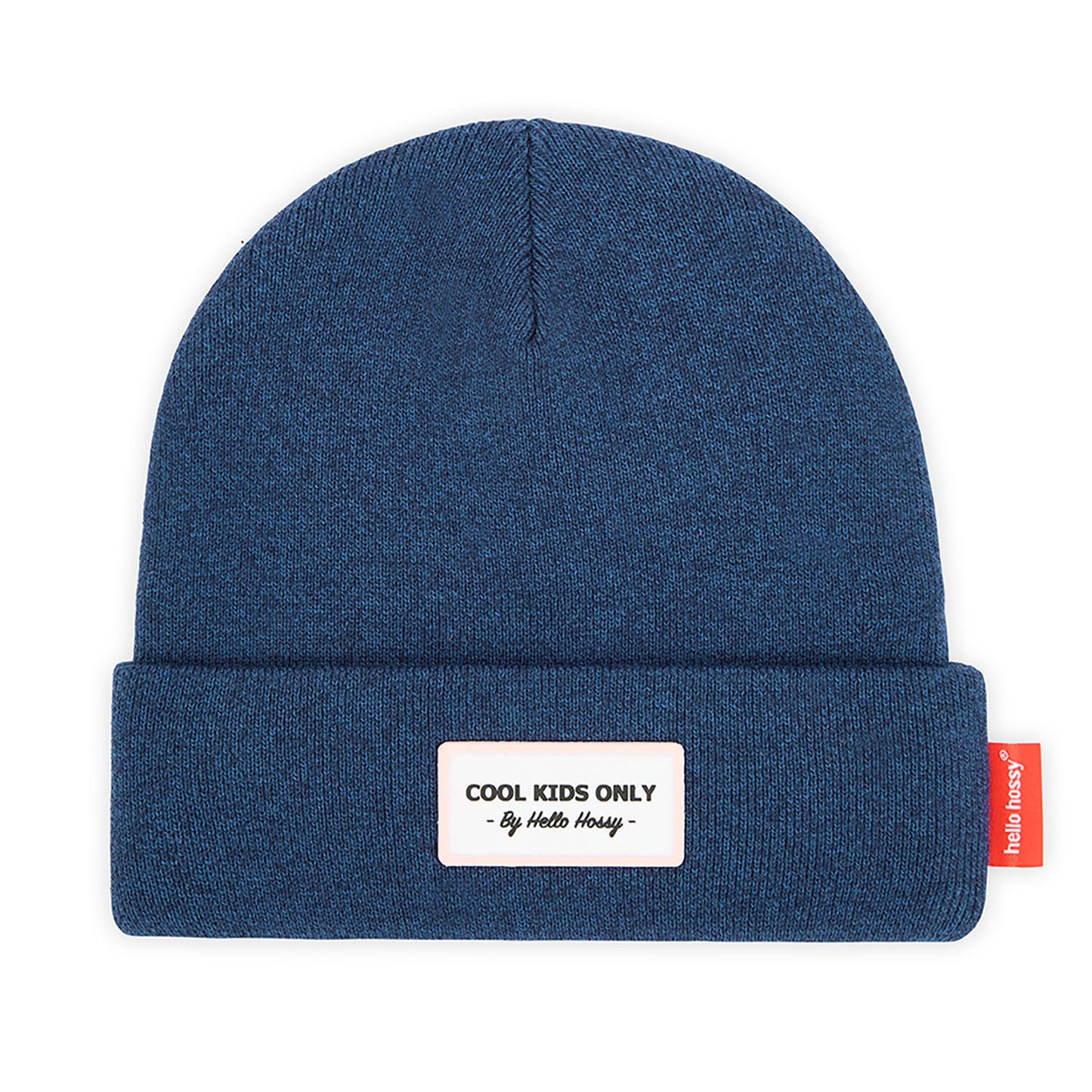 Gorro infantil azul chiné com etiqueta bordada e texto Hello Hossy